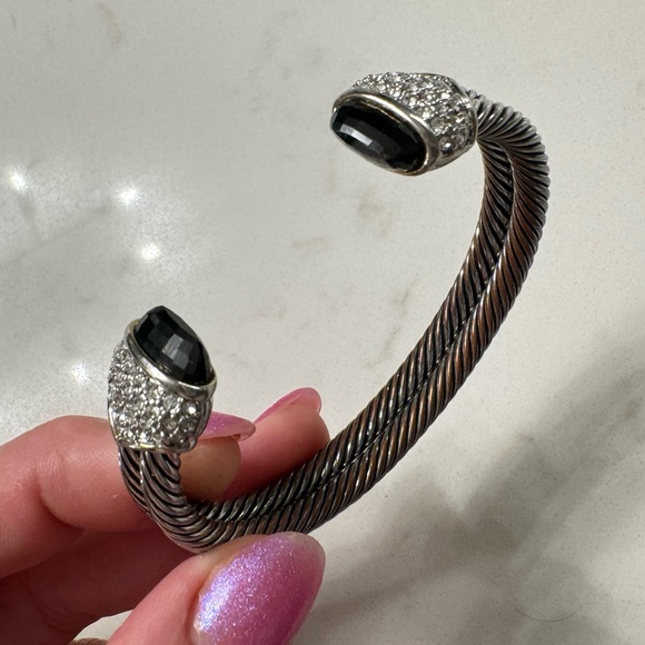 Cable Cuff Bracelet with Black Crystals and CZ, Silver Tone Adjustable Open Cuff - Picture 2 of 16